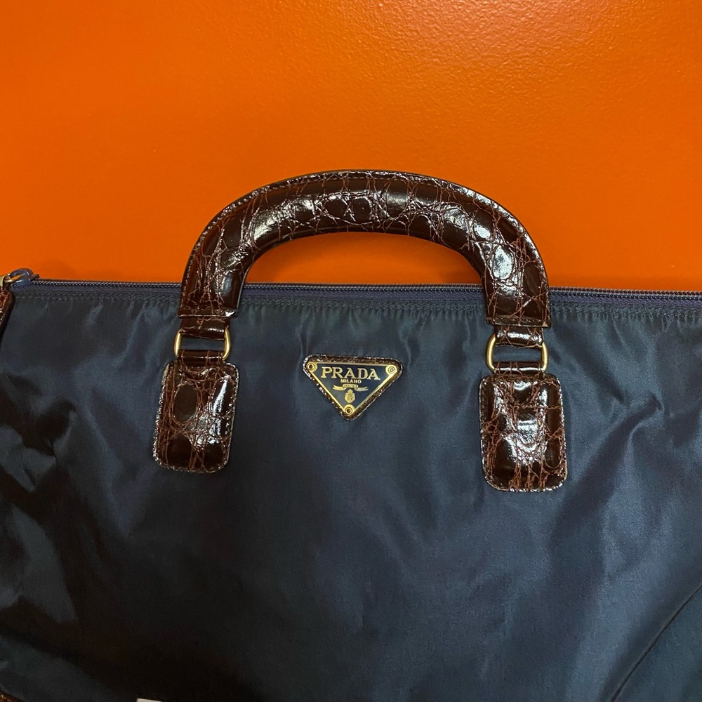Prada Black Briefcase with Crocodile-Embossed Brown Handles